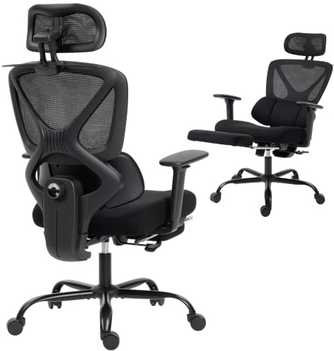 HOMCOM Sedia Ufficio Ergonomica Reclinabile con Poggiapiedi Girevole Nero | Sedia Scrivania, Supporto Lombare Dinamico, Braccioli 3D, Poggiatesta e Altezza Regolabili, Dondolo, Rete Traspirante