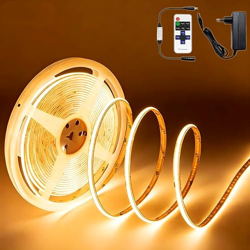 COB LED Streifen 3M, LED Streifen Warmweiß 3000K, 24V Dimmbar Flexibel LED Band licht, 8mm Breite, CRI92, mit RF Fernbedienung und Netzteil, Selbstklebend Kürzbar für Home Dekoration, Schrank, Küche