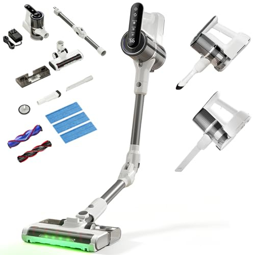 MidingChai Akku Staubsauger mit Wischfunktion, 15000 Pa/40000RPM/30 Min Laufzeit für zu Hause, Leichter Staubsauger Kabellos Knickrohr, Grünes Licht, Anti-Tangle-Bürste, Teppiche, Hartböden und Auto