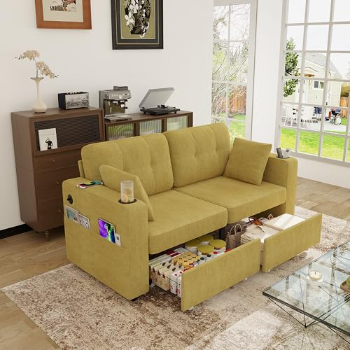 FammyLoft Sofa 2 Sitzer mit Versteckten Stauraum, Eckcouch mit USB-C, Kleines Sofa mit Getränkehaltern und Seitentaschen, Zwei Schubladen, Geeignet für Wohnzimmer/Schlafzimmer/Wohnungen, Senfgelb