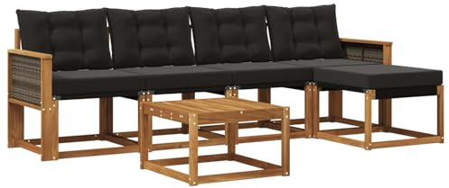 vidaXL Outdoor-Sofagarnitur mit Kissen 6 pcs Natürlich und Schwarz, Gartenmöbel, modernes Outdoor-Sofa, modulare Sitzgruppe für Terrasse und Lounge, langlebig und bequem