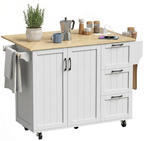 HOMCOM Isla de Cocina con Estación de Carga, Encimera Extensible, Blanco | Carro de Cocina con Ruedas, 2 Puertas, 3 Cajones, Estantes Ajustables, Especiero, Toallero