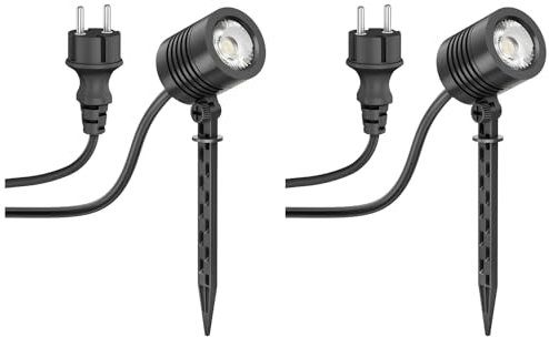 ledscom.de 2 Stück Kleiner LED Gartenstrahler mit Erdspieß TARL für außen, IP65, Stecker, schwarz, 4,3 W, 340lm, warmweiß