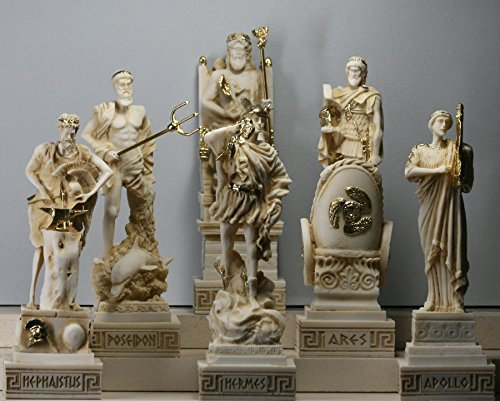 6 griechische Götter Zeus Poseidon Apollo Hermes Hephaestus Ares Statue Cast Alabaster