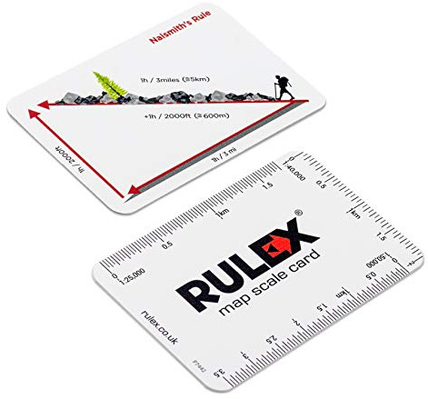 Rulex OS map scale card with scales: 1:25000, 1:50000 and 1:40000 and Naismith’s Rule - UK manufactured