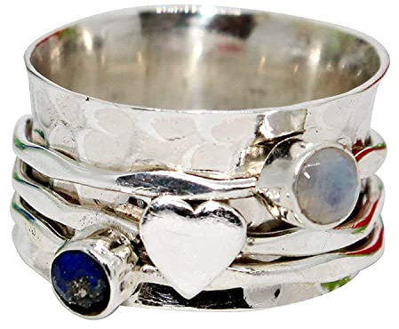 Amethyst, Mondstein, zwei winzige Edelsteine (anpassbar), gehämmerter Sterlingsilber-Band-Spinner-Ring für Frauen, Spinning-Ring, gehämmerter Ring, Herz-Meditations-Yoga-Breitband-Ring für Mädchen, 7