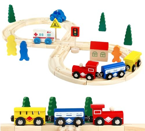 Holzeisenbahn Eisenbahn Kinder Set Zug & Holz Eisenbahnen 33Pcs Lernspiele Kinder Geschenke für 3 4 5 6 Jahre Jungen Mädchen