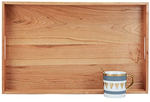 MAGIGO 22 x 14 Inches Large Rectangle Cherry Wood Ottoman Tray with Handles, Serve Tea, Coffee or Breakfast in Bed, Classic Wooden Decorative Serving Tray