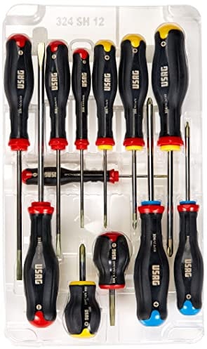 USAG U03240651 - 324 SH12 - Jeu de douze tournevis pour vis à fente, à empreinte PHILLIPS® et POZIDRIV® -SUPADRIV®