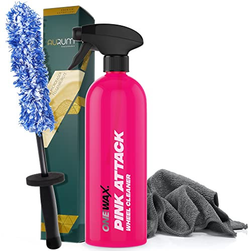 detailmate Felgenreinigungsset: OneWax Pink Attack Wheel Cleaner 750ml + Aurum ultraFlat Microfaser Felgenbürste Mikrofasertuch 320GSM