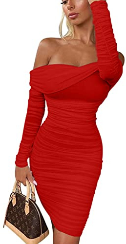 GOKATOSAU Women's Sexy Elegant Ruffle Long Sleeve Off Shoulder Ruched Party Mini Dress, Red, Large