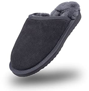 BOnova Trondheim Velour-Lammfell Hausschuh in Größe 44, Farbe Grau für Herren. Warme Füße im Winter.