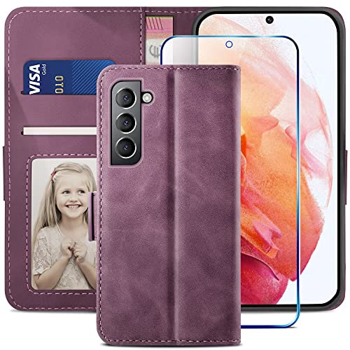 YATWIN Compatible with Samsung Galaxy S22 Case, Flip Wallet Leather Case with Screen Protector and Card Slot Kickstand Phone Cases Cover for Samsung S22 - Wine Red