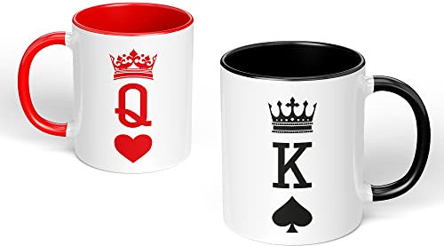 Print Maniacs Set of 2 Mugs King Queen Valentine's Christmas Wedding Anniversary Birthday Couples Boyfriend Girlfriends Husband Wife (Black + Red Fill)
