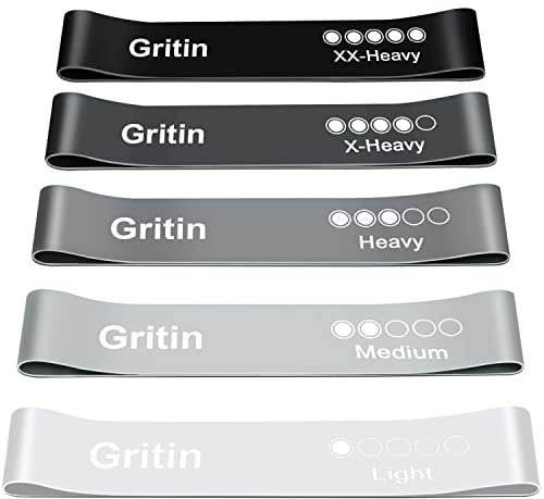Gritin Fitnessbänder Widerstandsbänder mit 5 Stufen, Latex Fitnessband Resistance mit Deutscher Übungsanleitung & Tragebeutel, Gymnastikband für Muskelaufbau, Yoga - 5er Set