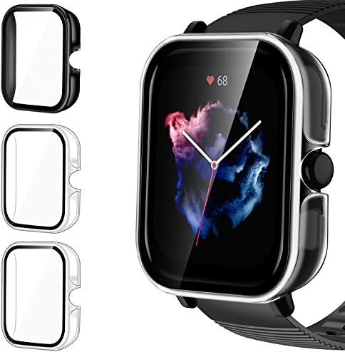 ivoler 3 Piezas Funda para Amazfit GTS 3, Protección Completa Protector de Pantalla de Cristal Vidrio Templado Duro PC Anti-arañazos Carcasa, 2 Transparente + 1 Negro