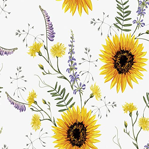 Sonnenblumen Polsterstoff für Stühle,süßer rustikaler Blumendruck für den Außenbereich,Meterware,Bauernhaus Blütenblumen,Dekorationsstoff für Polster und Heimwerkerprojekte,92x160cm,Weiß,Gelb