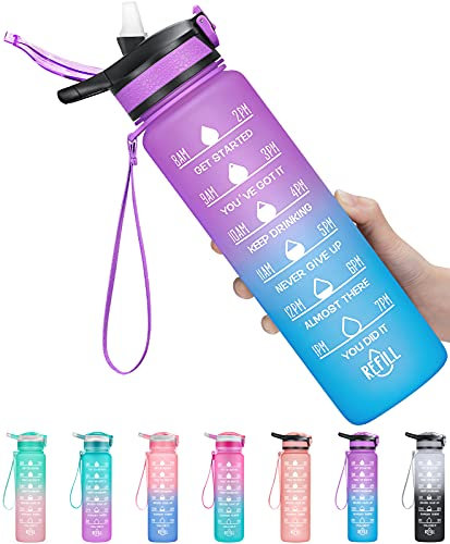 MEITAGIE 1L/750ml Motivational Water Bottle with Time Marker, Leak-proof BPA Free Drink Bottle with Fruit Strainer or straw, Perfect for Fitness, Gym and Outdoor Sports