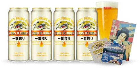 kirin ichiban Japanisches Premium Dosenbier 500ml x4 mit einem Kirin Glas, inklusive einer Vintage Postkarte (mit 5% Alkoholhalt, Einweg)