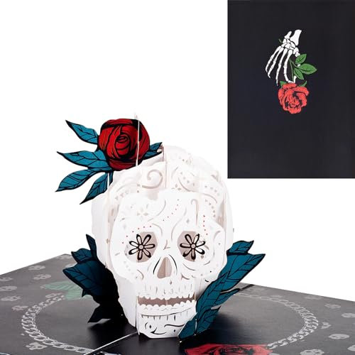 ANEWISH 3D Halloween Schädel mit Rose Pop-up Karte, Falten Karte mit Umschlag für Halloween