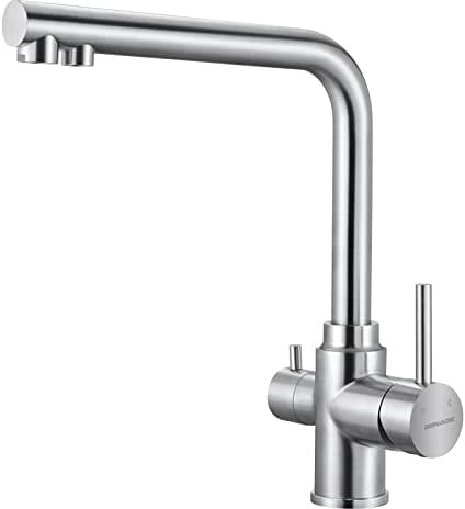 BONADE 3 Wege Wasserhahn Küche, 360° Drehbar Armatur Trinkwasserhahn mit 2 Hebel, Mischbatterie Küche für Wasserfilter, 3-in-1 Küchenarmatur für Wasserfilter, Spültischarmatur aus Edelstahl Gebürstet