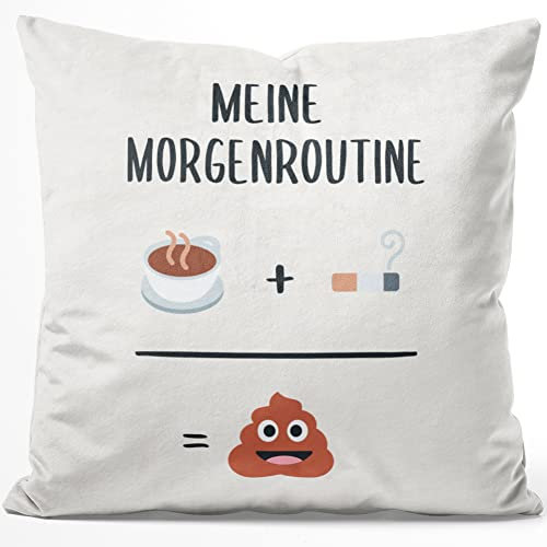 JUNIWORDS Kissen, Meine Morgenroutine Kaffee + Rauchen = Kacken, 40 x 40 cm, Flauschig Samtweich Weich (1006935)
