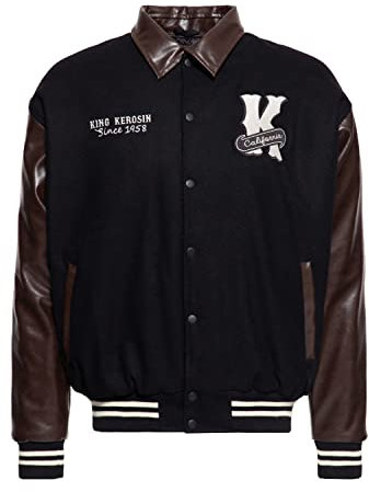 King Kerosin Herren College Jacke Sweat Jacke Baseball Jacke Regular Fit Kontrast Stickerei Lederärmel Lederkragen Pharaos