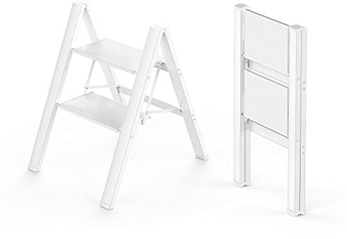 WOA WOA 2 Step Ladder, Foldable Step Stool, Aluminum Lightweight Ladder for Home Kitchen Closet, Anti-Slip Pedals, Ease of Folding, Portable, 300lbs Capacity - White