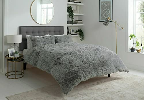 L S U Teddy Bear Hug & Snug Shaggy Duvet Cover Set Warm Fleece Christmas Bedding Set (Silver, Double)