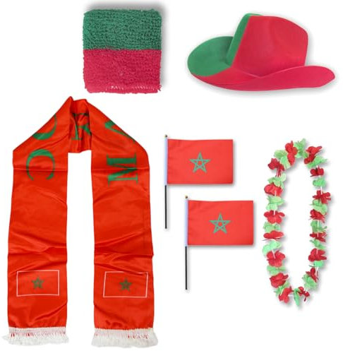 Sonia Originelli Fanset Fanartikel Fanhut Blumenkette Fanschal Schweißband Fähnchen WM EM Farbe: Marokko