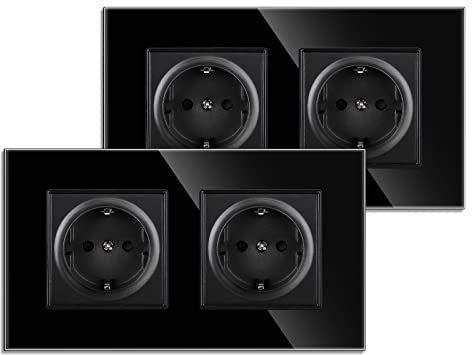 JIMEIDA Lot de 2 prises doubles encastrées 16 A avec vitre en verre trempé noir - Prise standard - Contact de protection - Prise murale 157 x 86 mm - 250 V