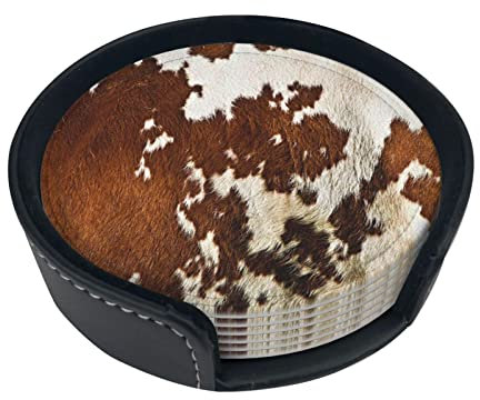 DJNGN Dessous de Verre en Peau de Vache Rouge et Blanc, sous-Verre pour Table Basse, Rond, Cuir et Céramique, Lot de 6