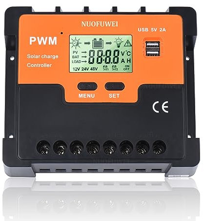 NUOFUWEI 80A Solar Laderegler 12V 24V 48V Solarregler, PWM 80A Solarladeregler mit Temperatursensor 2USB Ports für Max Solarpanels 12V(1040W) 24V(2080W) 48V(4160W) Bleisäurebatterie Lithiumbatterie
