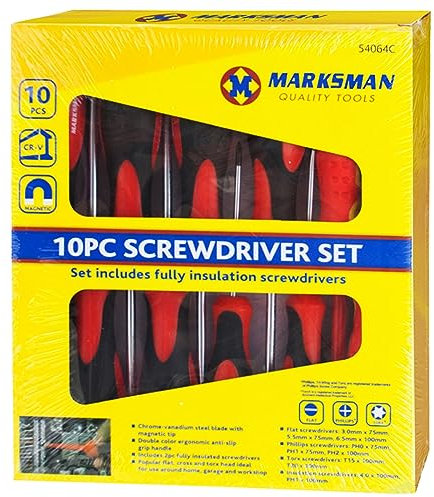 10x Marksman Fully Insulated Screwdriver Set | RED & Black | Flat | Phillips | Torx | DIY | Electrician Hand Tools | Anti-Slip Grip Handle | Assorted KIT | Workshop | Garage | Repair | UK Free P&P