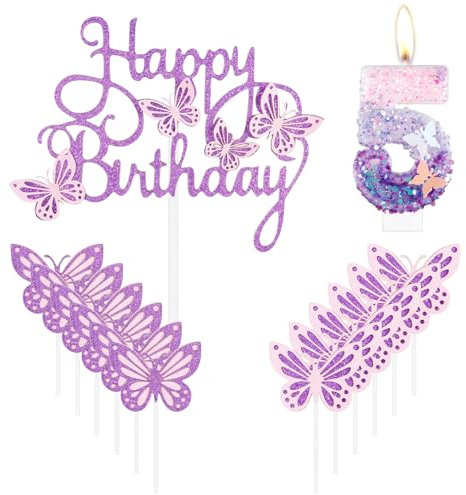 mciskin Butterfly Happy 5th Birthday Candles,Butterfly Cake Decorations,Pink Purple Number 5 Candle for Cake,Purple Cupcake Toppers Girls,Glitter Pink Topper for Girls' 5th Birthday Decorations