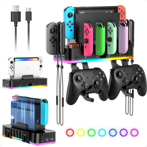 FASTSNAIL RGB Wandhalterung für Nintendo Switch/OLED & Joycon, LED Ladestation für Switch Controller und Konsole,mit 4 USB-Anschlüssen, Switch-Organizer für 10 Kartenfächer, 2 Haken