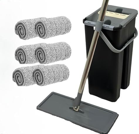 SWISSPACK Floor Mop and Bucket Set − Easy and Simple Squeeze Mop Bucket, Flat Mop with 6-Pack Replacement Machine Washable Microfibre Mop Pads for All Floors Types (Black 6 Pads)