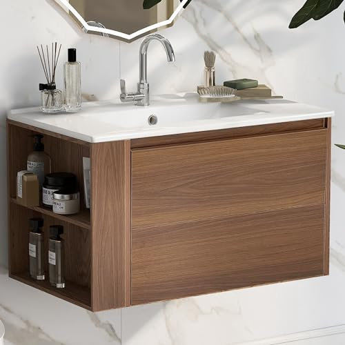 Merax Waschbecken mit Unterschrank Badezimmer Unterschrank Badezimmer Möbel hängend 76cm mit Keramikwaschbecken, mit Schubladen braun gäste wc waschbecken mit unterschrank spüle mit unterschrank