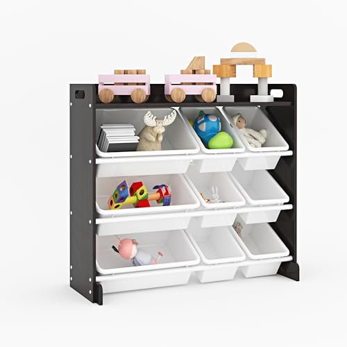 Duffy® Wooden Toy Shelf Storage Organiser for Children with 9 BPA Free Plastic Removeable Storage Bins, Ideal for Storing Toys, Games, Books and Craft Supplies (Black Wood/White)