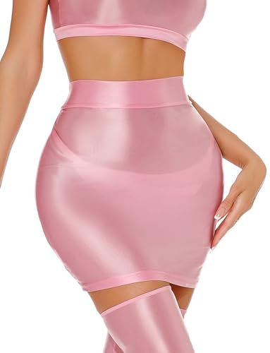 Schimmernder Glänzender Schlanker Rock für Damen Weiches Seidiges Elastisches Rock Hochtaillier Leichter Stretch Basis Bodycon Partyrock Rosa L