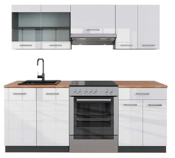 Vicco Küchenzeile R-Line, Weiß Hochglanz/Anthrazit, 200 cm | 5 Module · Höhenverstellbare Füße · Arbeitsplatte Eiche · Robuste Fronten · Mit Glasschrank · Frei kombinierbar