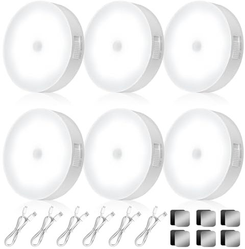 6 Pack Motion Sensor Lights Indoor, LED Wireless Rechargeable Magnetic Night Light with Auto/On/Off , 8 LEDs USB Charging, Removable Wall Led Puck Light for Stairs Closet Hallway Toilet (White Light)