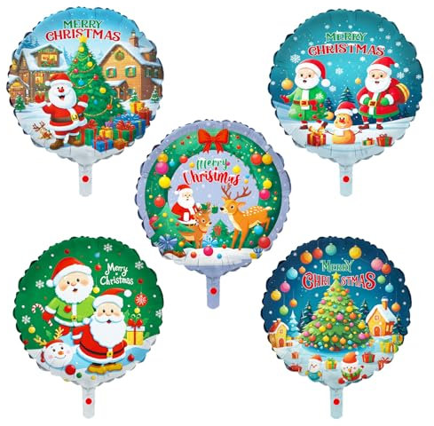 KOBOKO Deko Weihnachten Ballon, 5 Stück Weihnachtsdeko Ballons Runde, Luftballons Weihnachtsdeko Kinder, Folienballon Weihnachten Weihnachten Party Deko, Weihnachtsballons Helium Merry Christmas Deco