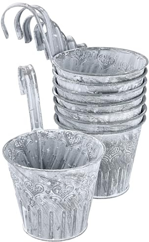 SEUNMUK 8 macetas colgantes grises, 11,5 x 9,5 cm, cubos de flores colgantes de hierro galvanizado con ganchos de fijación, maceta vintage para valla, jardín, decoración de patio