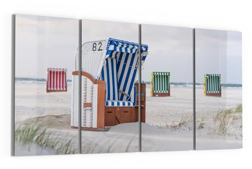 DEQORI Glasbilder Echtglas | Motiv Ostsee Strandkörbe | horizontal 4-teilig 4x30x60 cm | große XXL Deko | Wandbilder für Wohnzimmer, Schlafzimmer, Flur & Küche | moderne Wanddeko