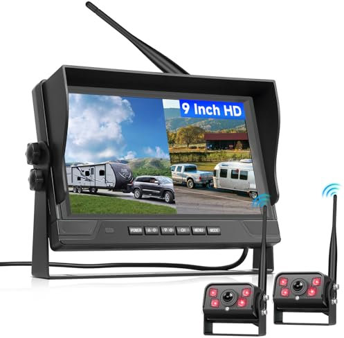 VECHTEL Wireless IPS HD 9 Zoll Rückfahrkamera Kabellos Kit mit 2 Kameras, BSD, DVR, IP68 Wasserdicht Nachtsicht Kabelloses Rückfahrkamera für LKW, Wohnwagen, Lastwagen und Wohnmobil