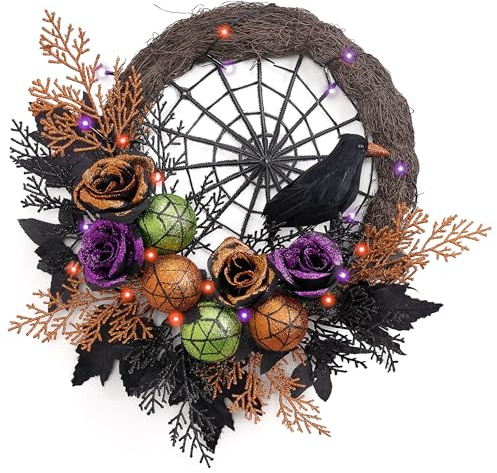 Valery Madelyn Ghirlanda di Halloween per porta d'ingresso con luci, 45,7 cm, rose pre-illuminate, corvo, ragnatele, ornamenti a sfera, ghirlanda, decorazioni di Halloween per casa, tavolo