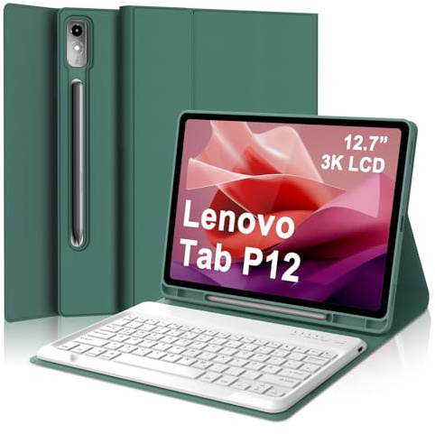 WAVATA Tastatur für Lenovo Tab P12 12.7 Zoll 2023, Hülle mit Tastatur für Lenovo Tab P12 Magnetische Bluetooth Abnehmbare QWERTZ Layout, Dunkelgrün