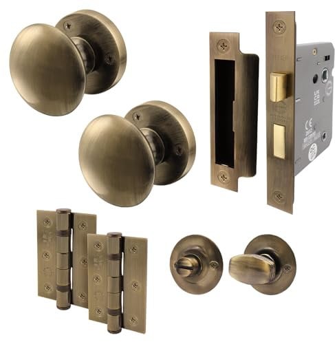 EAI Antique Brass Bathroom Door Knob Set - 1 Pair of Victorian Mortice Knobs (55mm), Lock (80mm) & Hinges (76mm)