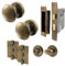 EAI Antique Brass Bathroom Door Knob Set - 1 Pair of Victorian Mortice Knobs (55mm), Lock (80mm) & Hinges (76mm)